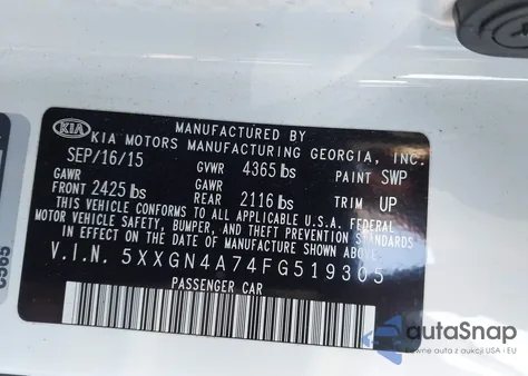 2015 Kia Optima Ex z USA, uszkodzony, nr VIN 5XXGN4A74FG519305